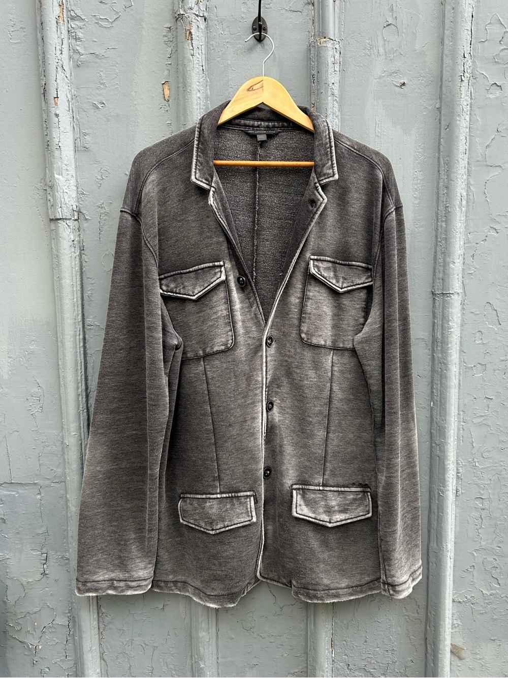 John Varvatos Grey distressed button up jersey jacket, size XXL